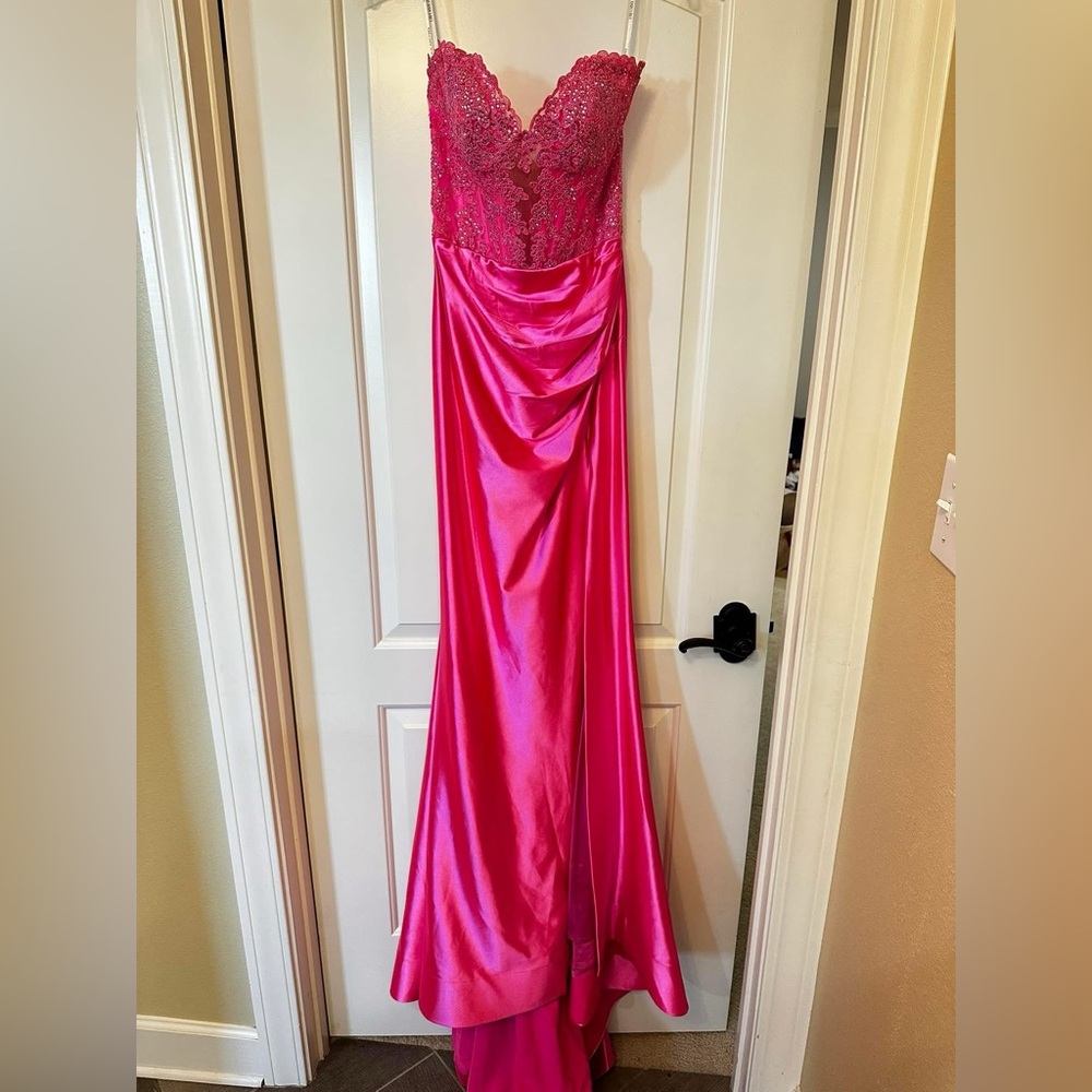 Sherri Hill Hot Pink Lace & Satin Prom Dress